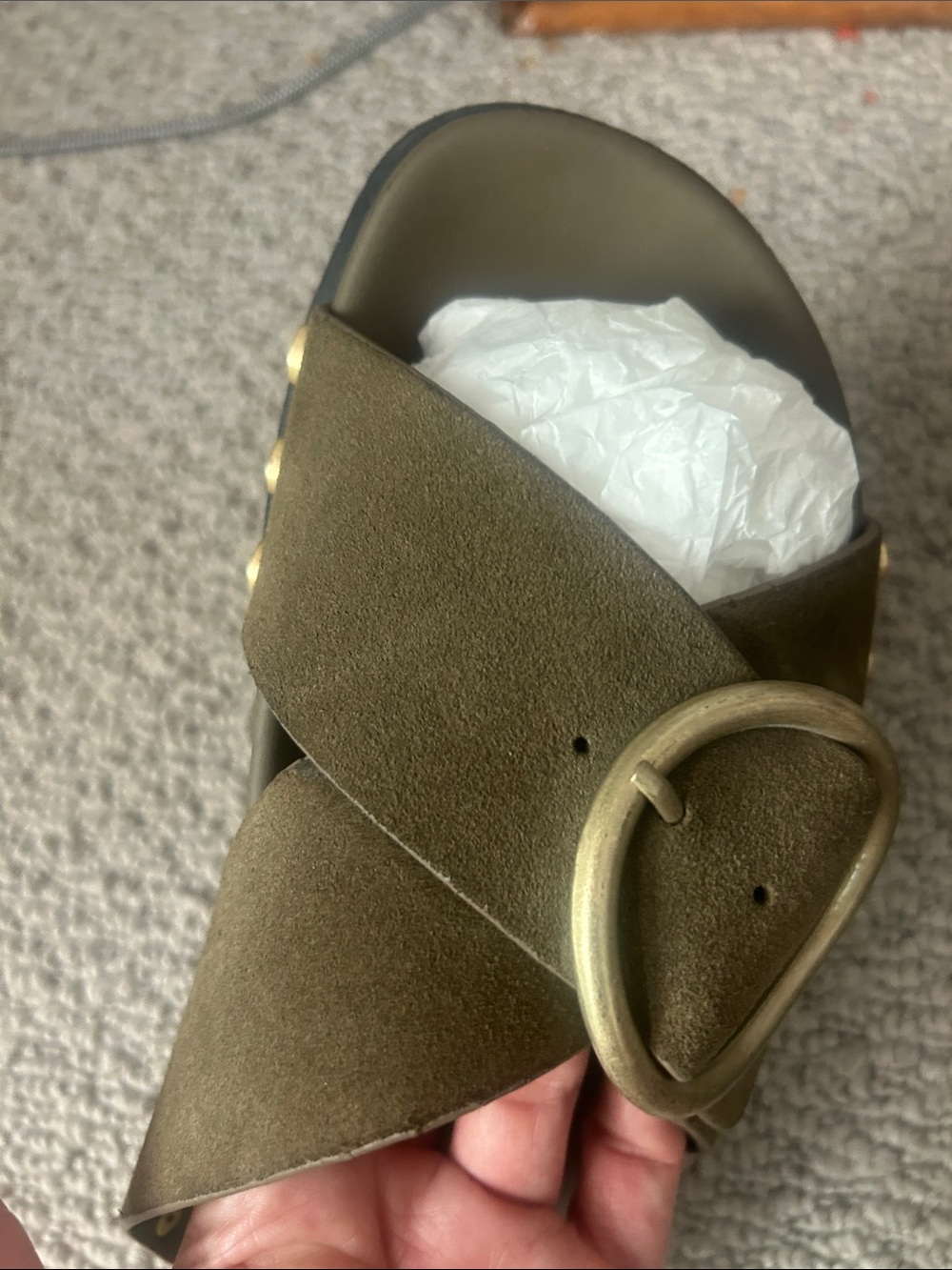 Zara Olive Green Suede Slide Sandals with Oversized Buckle - Picture 8 of 8